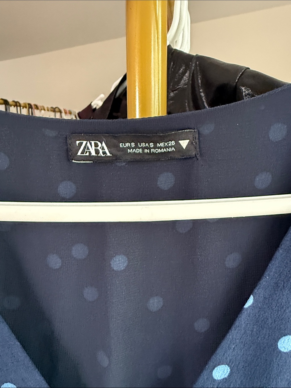 Zara Navy Dress with Light Blue Polka Dots, Long Sleeve Midi - Picture 2 of 3